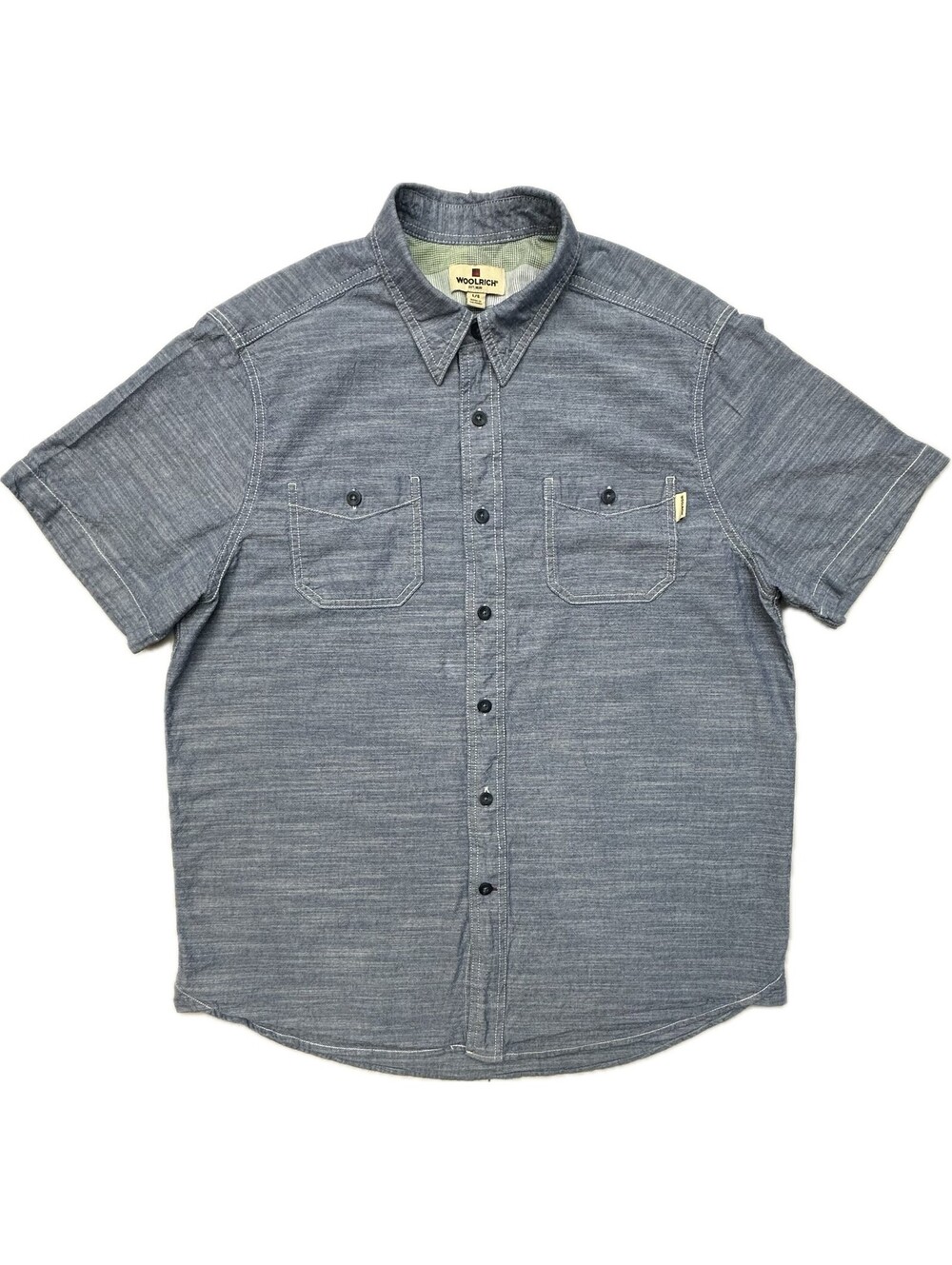 Woolrich Mens Large Blue Chambray Shirt Short Sleeve Cotton Workwear Button Up